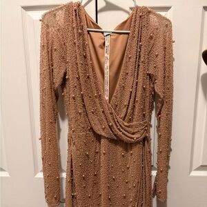 Oh Polly Beaded Long Sleeve Dress in Tan
